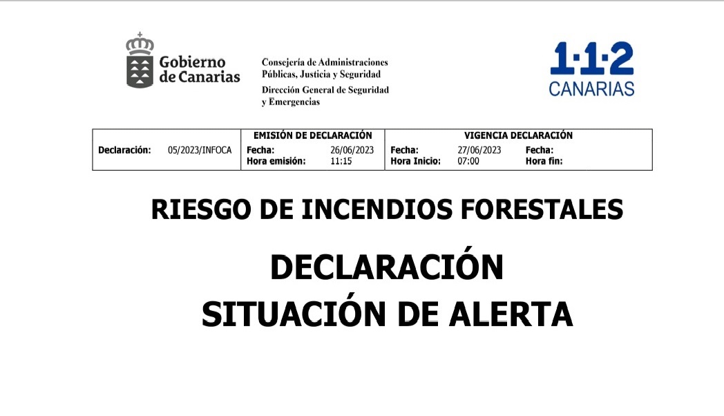 Declaración de Situación de ALERTA por Riesgo de Incendios Forestales para el día de hoy: 27/06/2023.