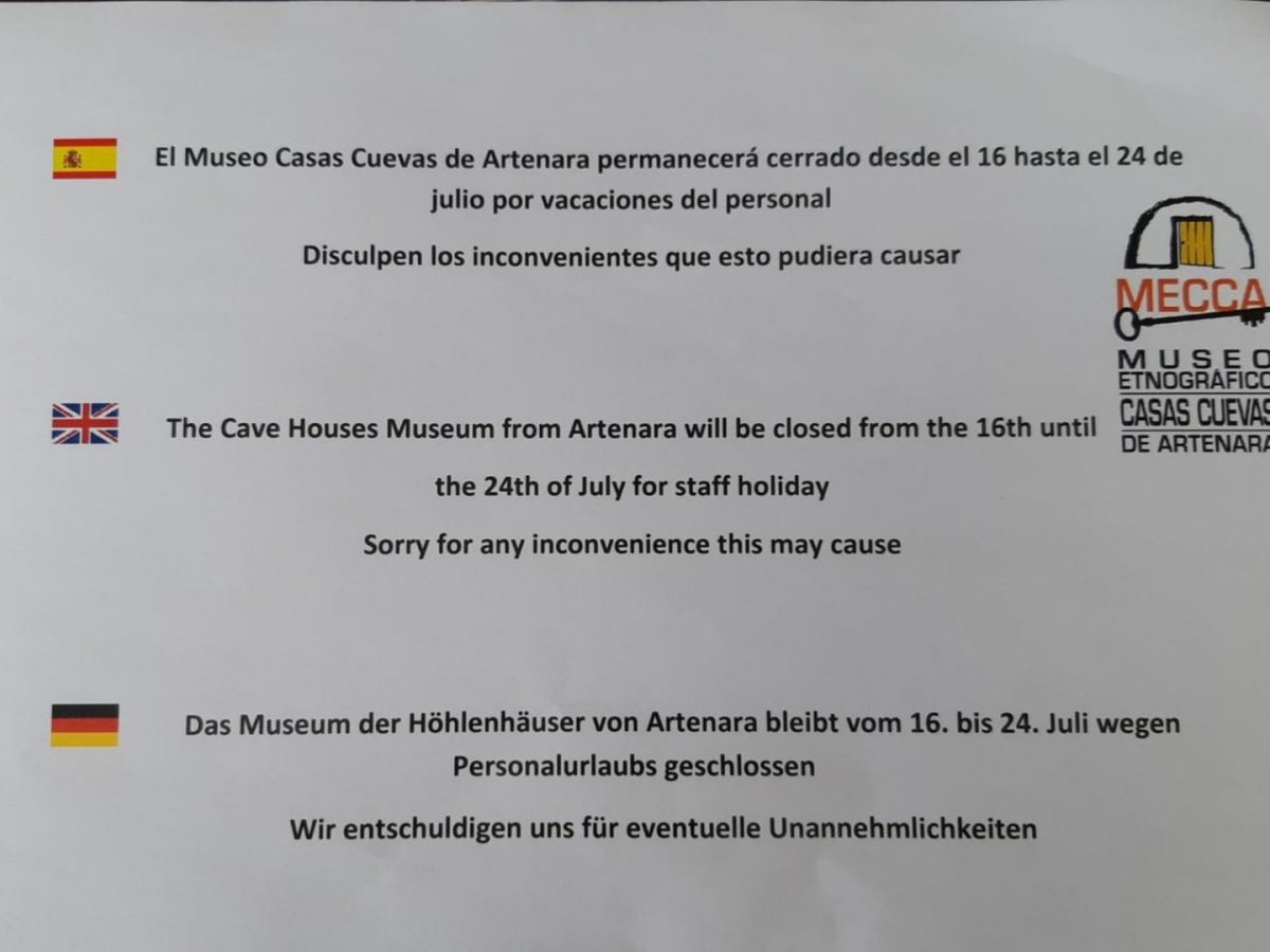 Cierre del Museo Etnográfico Casas Cuevas de Artenara del 16 al 24 de Julio.