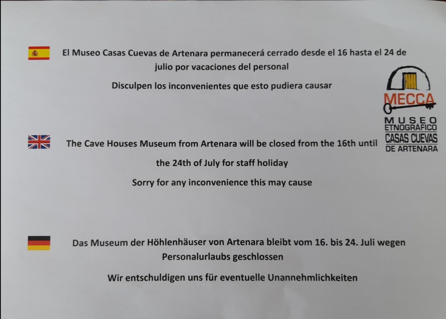 Cierre del Museo Etnográfico Casas Cuevas de Artenara del 16 al 24 de Julio.