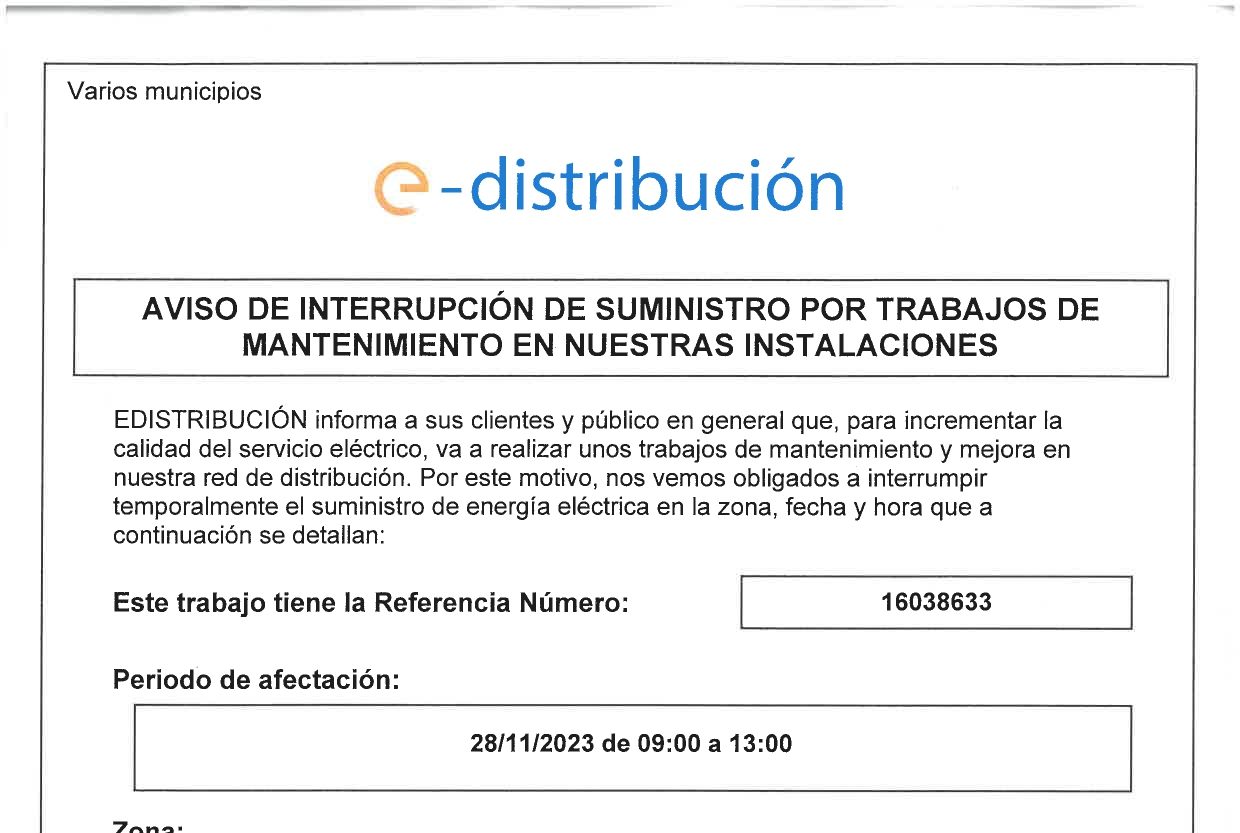 AVISO DE INTERRUPCIÓN DE SUMINISTRO. MARTES, 28 DE NOVIEMBRE DE 9:00 A 13:00H.