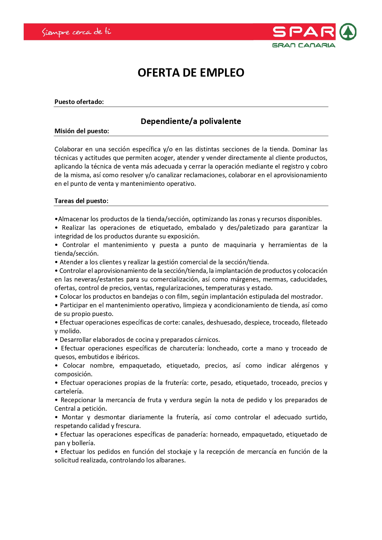 Oferta de empleo SPAR