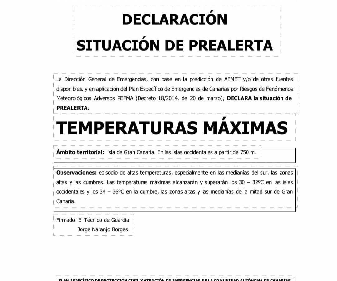 Situación de Prealerta por Temperaturas Máximas.