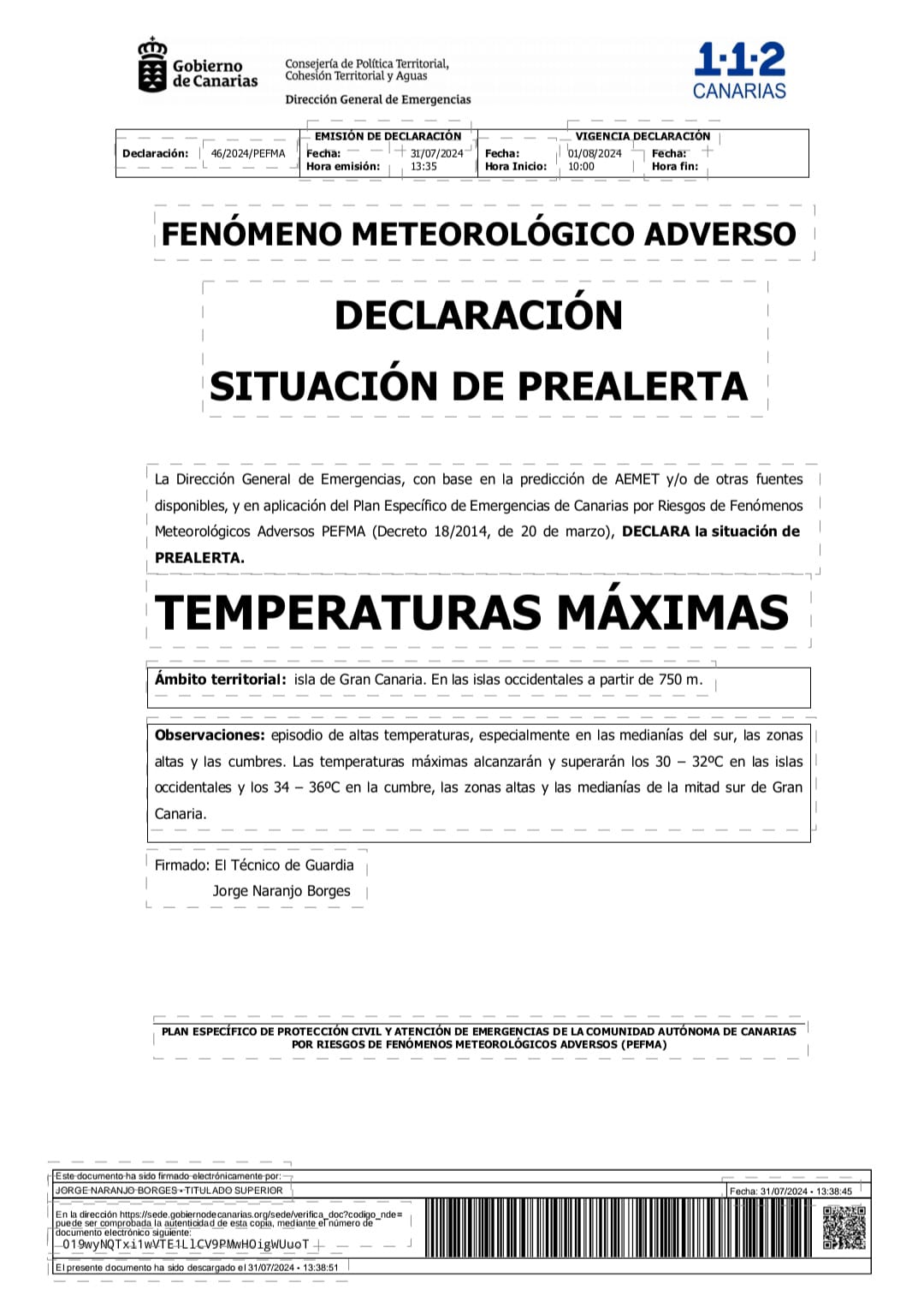 Situación de Prealerta por Temperaturas Máximas.